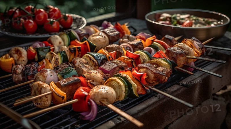 Fresh succulent vegetable and steak kebab on the flame grill, generative AI, AI generated