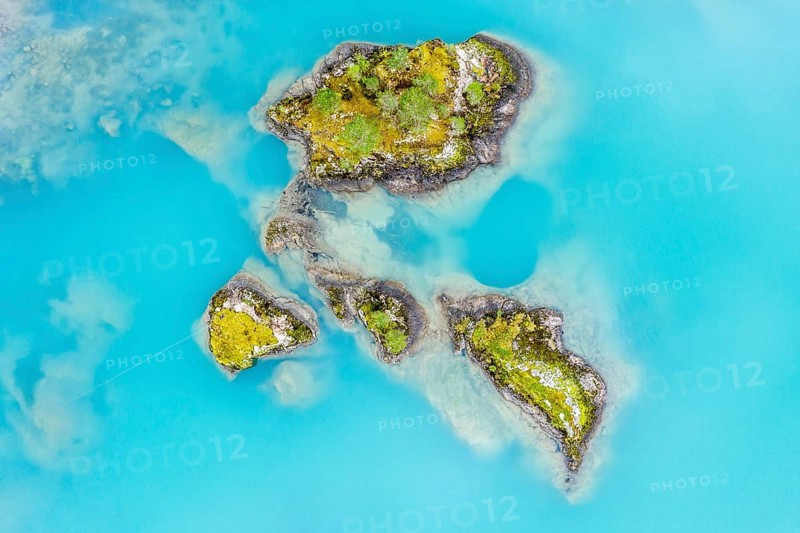 Lake Lovatnet (or: Loenvatnet), aerial view top down, islands in the lake, Loenvatn, valley Lodalen south of village Loen, Norway, Europe