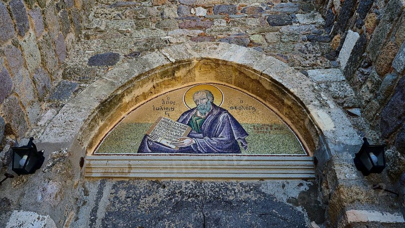 Medieval mosaic above an archway in a historic stone structure, Agiou Theologou Monastery, St John's Monastery, Chora, Patmos, Dodecanese, Greek Islands, Greece, Europe
