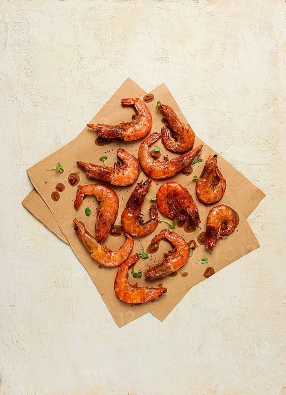 Fried tiger prawns, with spices, homemade, top view