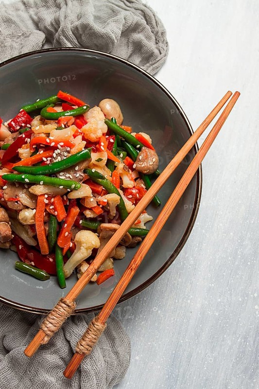 Wok, Asian-style vegetables, street food, mixed vegetables, no people, top view