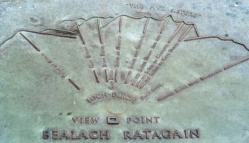 Orientation table at the Bealach Ratagain, Ratagan viewpoint with names of the mountain summits of the Five Sisters of Kintail, Highland, Scotland, United Kingdom, Europe