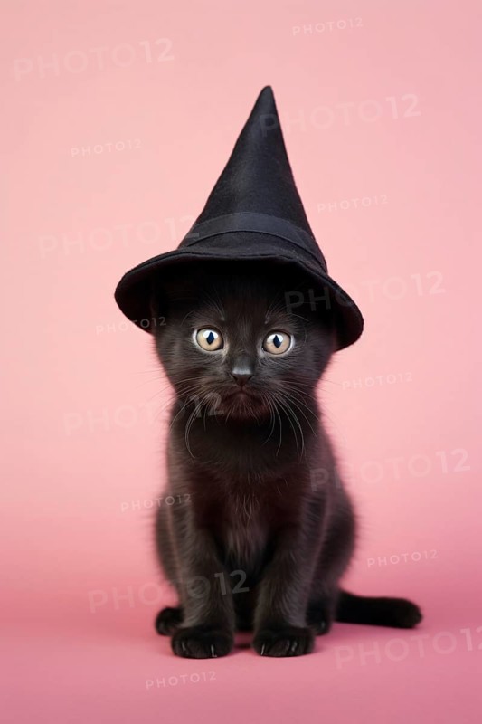 Cute young black cat with Halloween costume witch hat in front of pink studio background. KI generiert, generiert AI generated