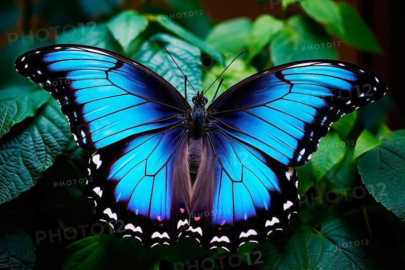 Beautiful stylized blue monarch butterfly on natural leaves environment, AI generated