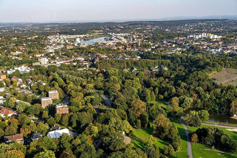 View over the south-east of Dortmund, foothills of Westfalenpark, across Hoetger Park to Lake Phoenix, North Rhine-Westphalia, Germany, Europe