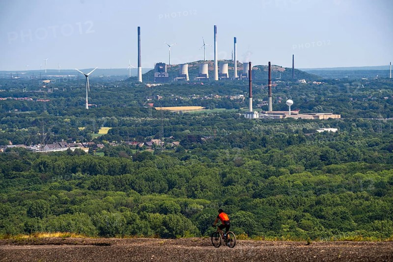 View from the Haniel spoil tip over the green Ruhr landscape to the north-east, over the Köllnischer Wald forest on the UNIPER Scholven coal-fired power station in Gelsenkirchen, Oberscholven spoil tip, wind farm, Pilkington Deutschland AG glassworks on the right, North Rhine-Westphalia, Germany, Europe