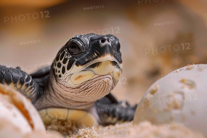 Newly hatched young sea turtle with eggs. Generative Ai, AI generated