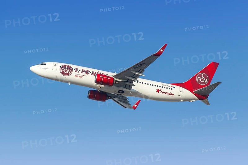 A Boeing 737-800 aircraft of Corendon Airlines with the registration 9H-CXA and the 1 FC Nuremberg special livery at the airport in Dubai, United Arab Emirates, Asia
