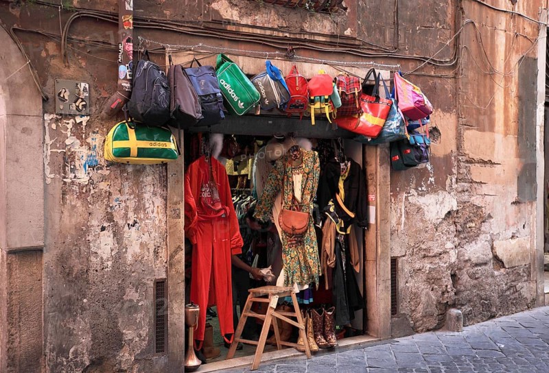 Small second hand shop in a side alleyway, Campo de Fiori, Rome. Italy