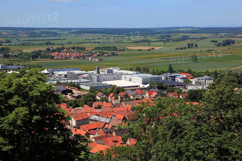 View from the castle to the company Franconian Rohrwerke Gebr. Kirchner GmbH & Co. KG and the town of Königsberg in Bavaria, Königsberg i.Bay, town in the district of Haßberge, Lower Franconia, Bavaria, Germany, Europe