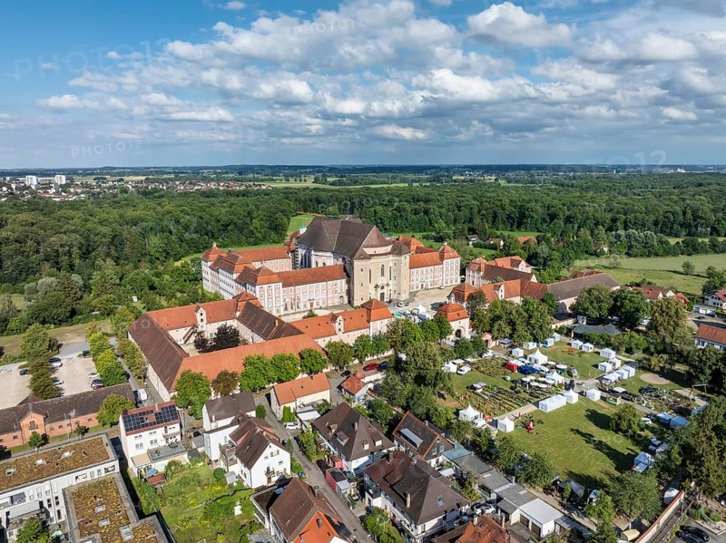 Aerial view of the Wiblingen monastery complex, former Benedictine abbey then castle and barracks, Ulm, Baden-Württemberg, Germany, Europe
