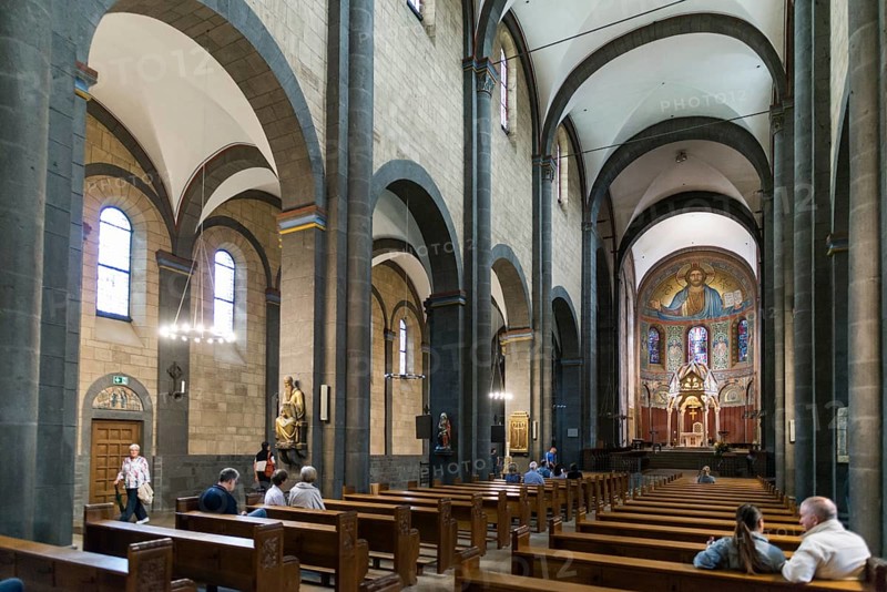 Interior view, Romanesque monastery church, Benedictine Abbey Maria Laach, Eifel, Rhineland-Palatinate, Germany, Europe