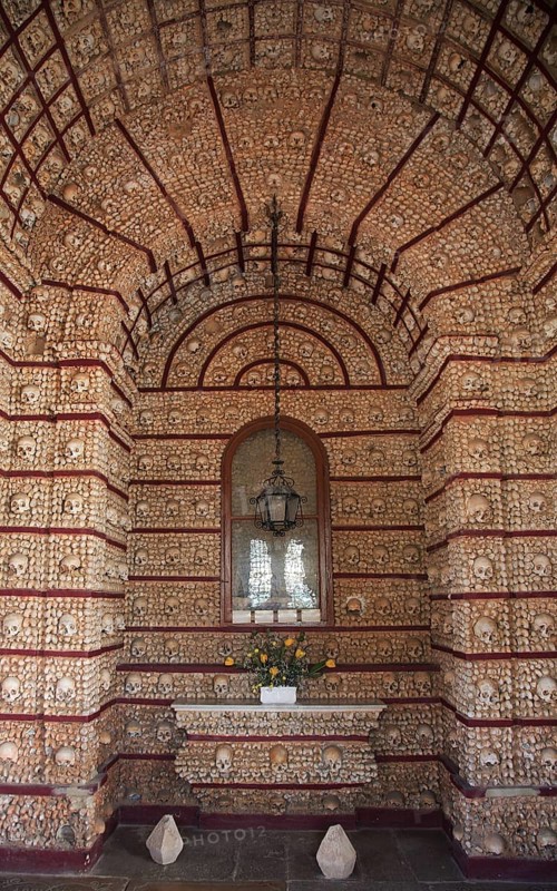 Capela dos Ossos, Bone Chapel, an ossuary in Faro, Portugal, which belongs to the 18th century Baroque Carmelite Church of Nossa Senhora do Carmo, Europe