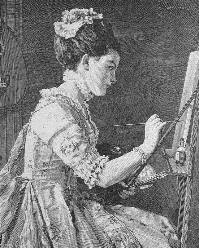 Painter, Young woman painting a picture on a canvas, A woman in Renaissance style paints concentrated with a brush on a canvas in an elegant, antique setting, Historic, digitally restored reproduction from a 19th century original, Record date not stated