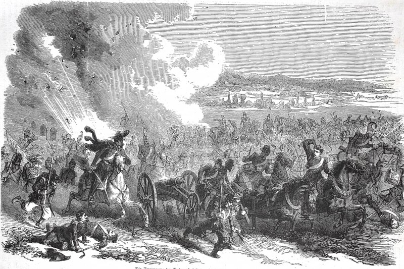 Historical, digitally restored reproduction from a 19th century original, Record date not stated, The blowing up of the Valenza Bridge on 7 May 1859 by the Austrians, Second Italian War of Independence, around 1859, Valenza, Piedmont, Italy, Europe
