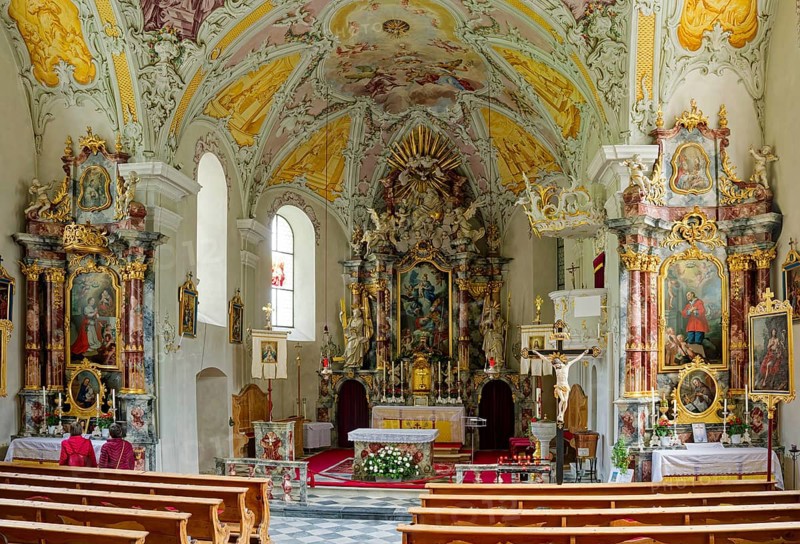 Baroque Roman Catholic parish church of St Nicholas, a listed building, interior view, Obernberg am Brenner, Tyrol, Austria, Europe