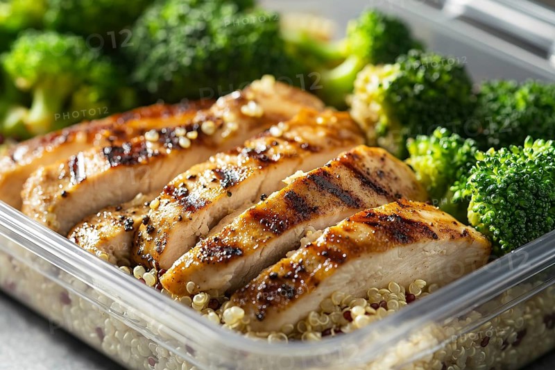Meal prep with healthy grilled chicken breast, broccoli vegetable and quinoa. Generative Ai, AI generated