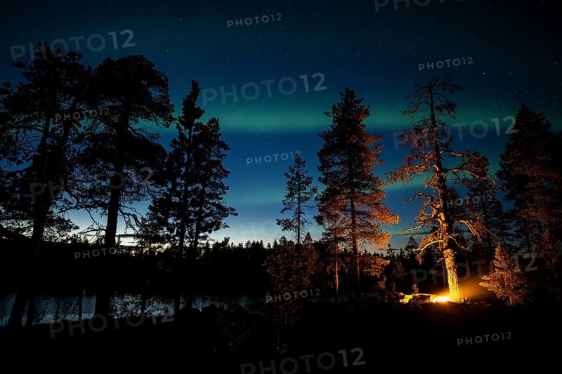 Man in the evening at a bivouac with campfire, Lapland, Sweden, Scandinavia, Europe