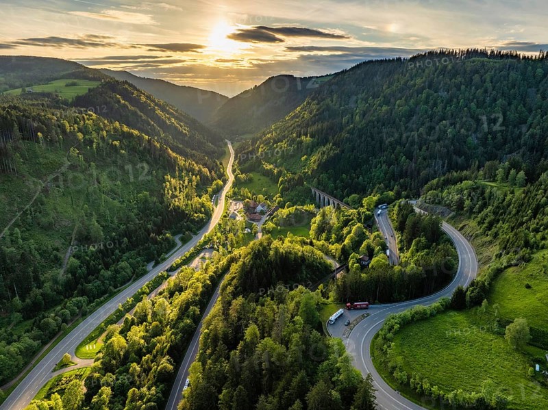 Aerial view of the federal road B31, which leads through the Höllental, on the right the Kreuzfelsenkurve, Southern Black Forest, Breisgau-Hochschwarzwald, Baden-Württemberg, Germany, Europe