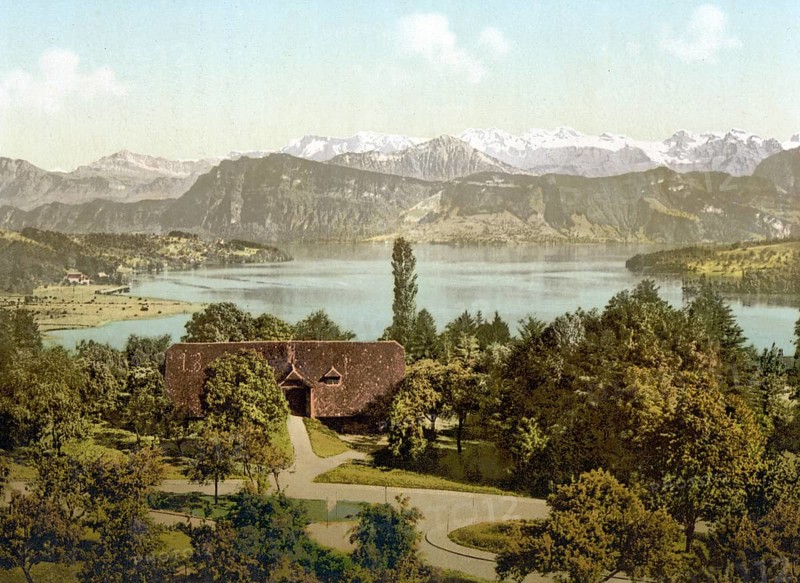 View of the southern Alpine chain with Titlis from Drei Linden, Lucerne, Switzerland, Historic, digitally restored reproduction from a 19th century original, Record date not stated, Europe
