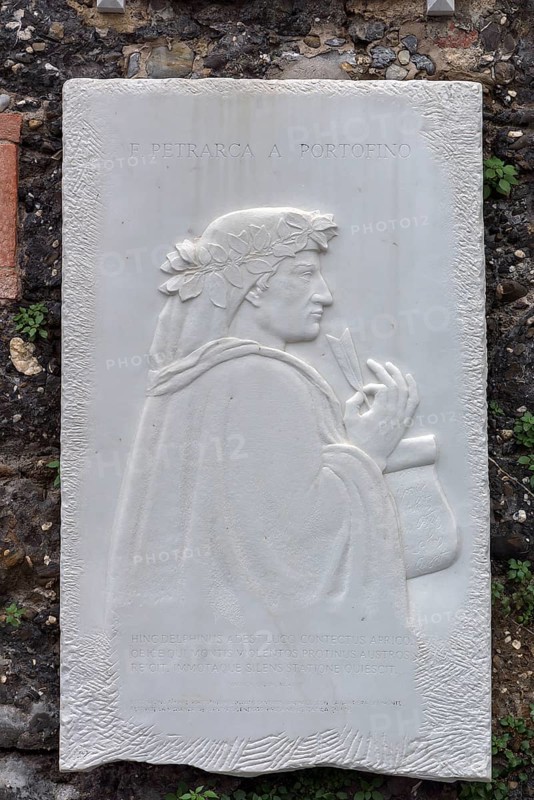 Memorial plaque with a relief of the Italian poet and historian Francesco Petrarca, 1304 -1374, on a wall in the harbour of Portofino, Italy, Europe