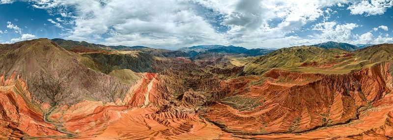 Panorama, Eroded mountain landscape, Canyon with red and orange rock formations, Aerial view, Konorchek Canyon, Chuy, Kyrgyzstan, Asia