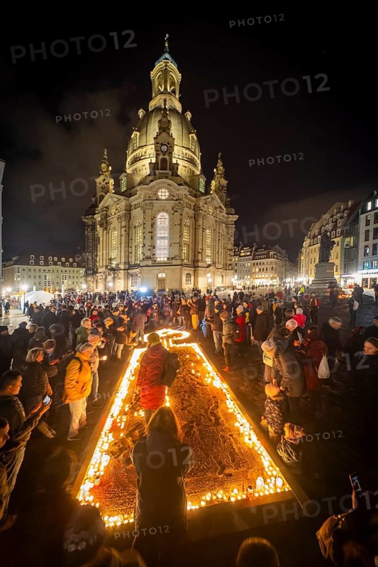 On 13 and 14 February 1945, Dresden was heavily destroyed in three Allied bombing raids. Every year, the people of Dresden commemorate this event at various events. A giant candle, into which citizens could place small candles, commemorates the event in front of the rebuilt Church of Our Lady, Dresden, Saxony, Germany, Europe