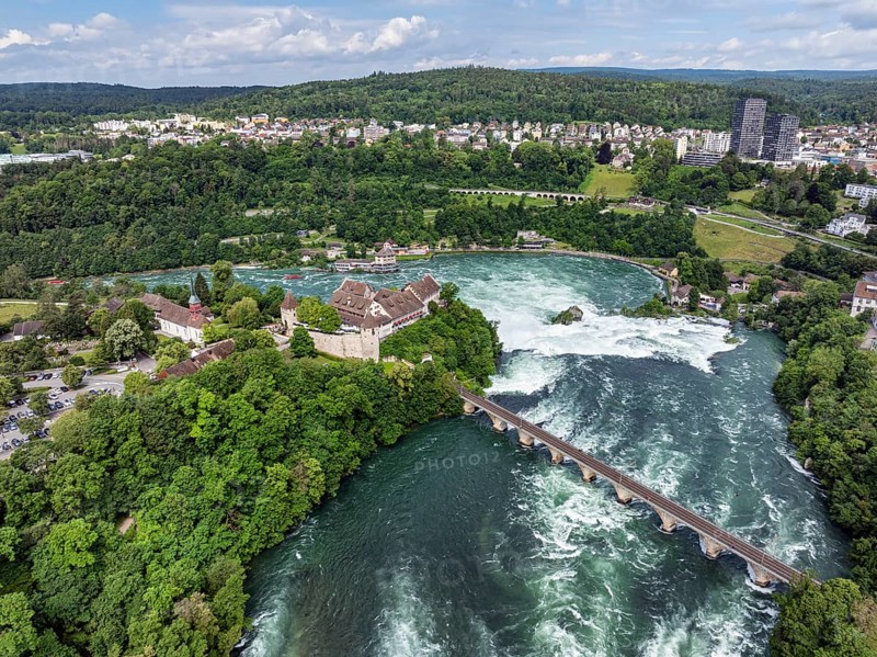 Aerial view of the Rhine Falls with railway viaduct and Laufen Castle, Neuhausen, Canton Schaffhausen, Switzerland, Europe