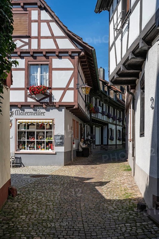 Altstadtgasse, Engelgasse with the old workshop, gift shop, historic half-timbered building and place of interest in Gengenbach, Ortenaukreis, Baden-Württemberg, Germany, Europe