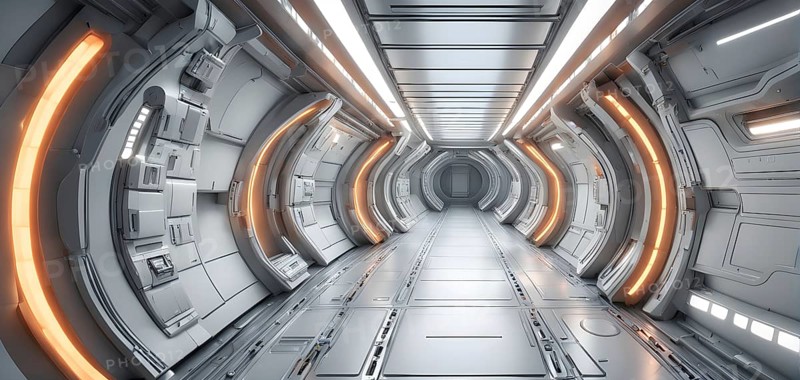 Three dimensional render of futuristic corridor inside a spaceship or space station, AI generated