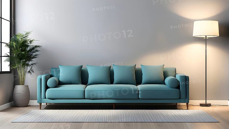 3d rendering of a couch with cushions and a floor lamp, AI generated