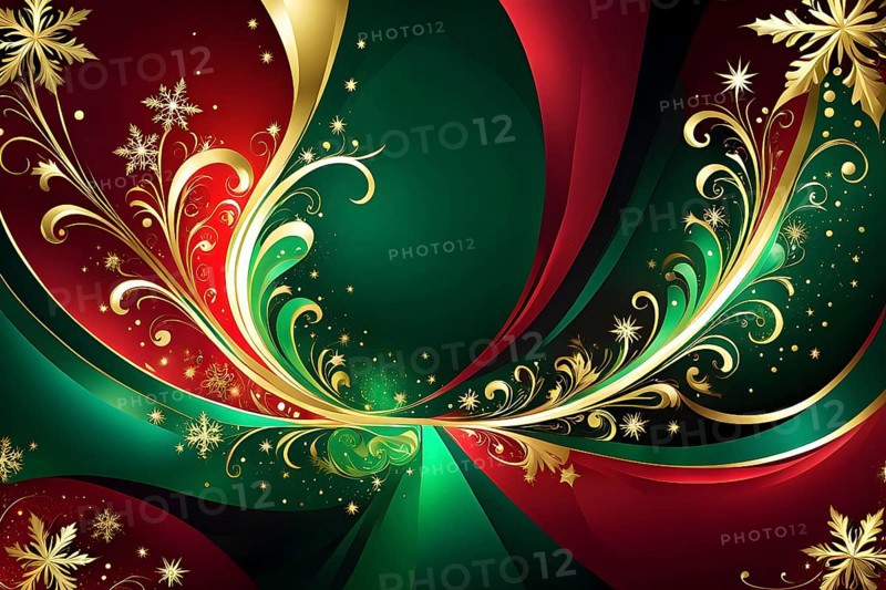 Abstract wallpaper illustration of Christmas symbols for gift cards, swirling shapes and lines, in red green and golden colors, AI generated