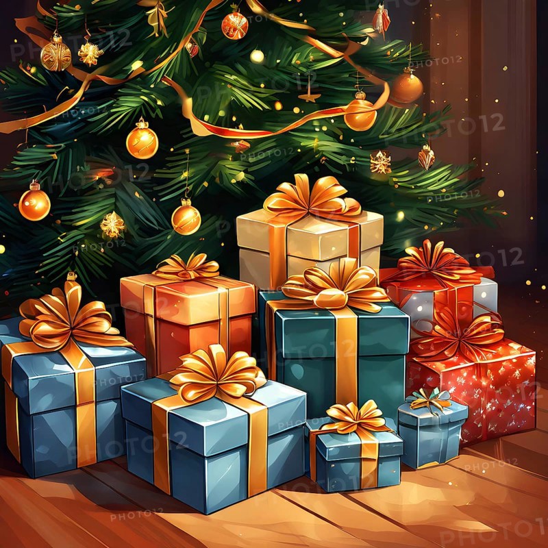 Abstract illustration of wrapped Christmas gifts, shiny ribbons and bows, stacked under a evergreen tree in a cozy living room, AI generated
