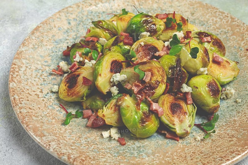 Roasted brussels sprouts, with bacon, vegetarian food, homemade, no people