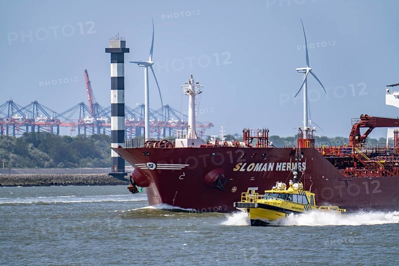 Chemical tanker Sloman Hermes and Crew Transit Vessel SC Emerald, Sima Charters, view from the Hoek van Holland to the harbour entrance to the Maasvlakt and the Nieuwe Waterweg, Maas, Netherlands
