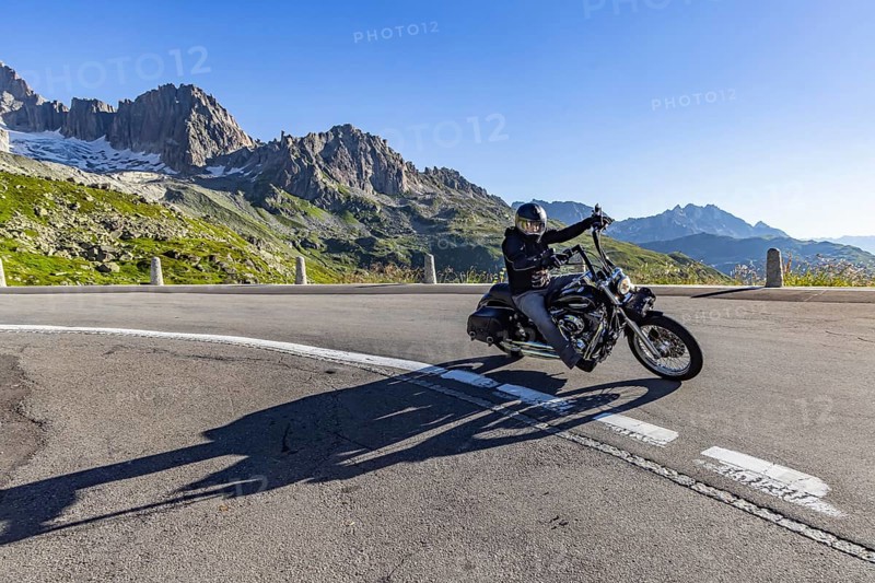 A favourite leisure activity for motorcyclists is a tour over winding Alpine passes. Furka Pass, Realp, Canton Uri, Switzerland, Europe