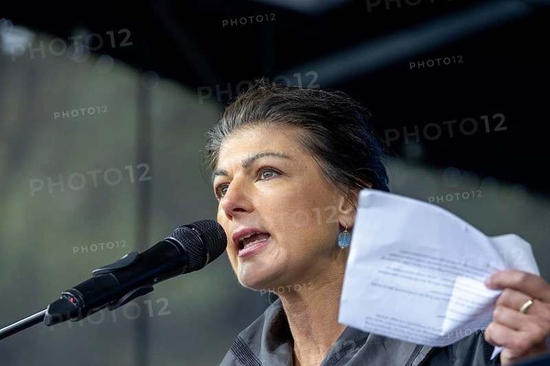 Sahra Wagenknecht, founder of the BSW (Alliance Sahra Wagenknecht, Reason and Justice) at the Die Waffen nieder demonstration on the Großer Stern in Berlin. The event is directed against all wars and calls for an immediate stop to all arms deliveries. Berlin, 03.10.2024