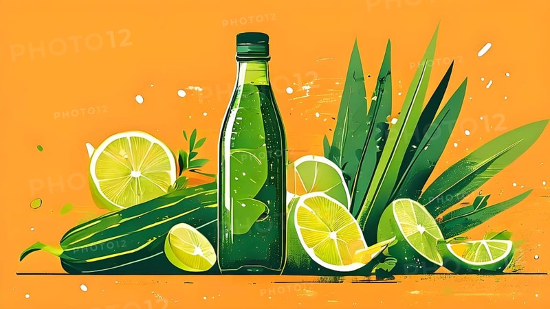 Abstract wallpaper composition with bottle of delicious green detox juice and fruits and vegetables, AI generated