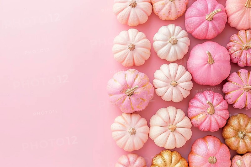 Top view of pink and golden pumpkins on side of pastel pink background with copy space. Generative Ai, AI generated