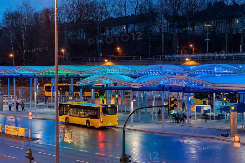 Ruhrbahn trams, at Essen-Steele S-Bahn station, interface between rail transport and tram and bus lines, in Essen, North Rhine-Westphalia, Germany, Europe