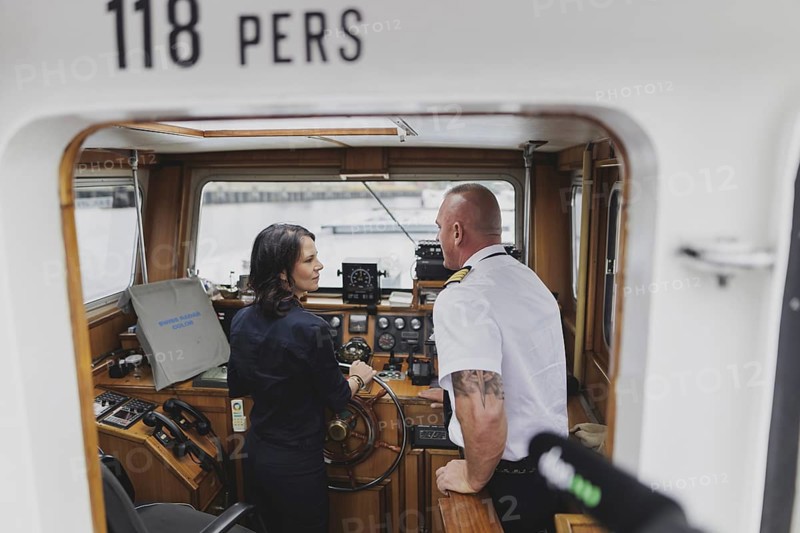 Annalena Bärbock (Bündnis 90/Die Grünen), Federal Foreign Minister, photographed during a boat trip through the port of Hamburg on the barge 'Diplomat' during the Foreign Minister's trip to Germany in Hamburg, 26 July 2024. /