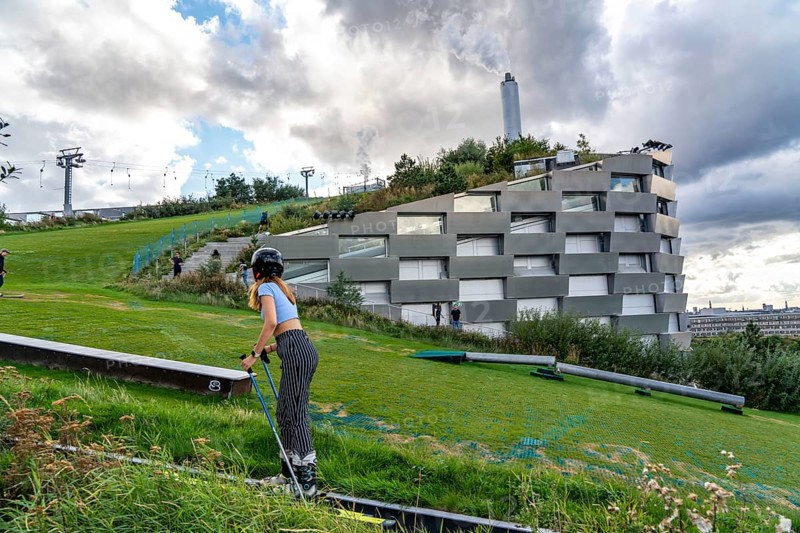 CopenHill, waste incineration plant and artificial ski slope, skiing with a view of the ski lift, 90 metres high and 400 metres long slope on artificial turf, Copenhagen, Denmark, Europe