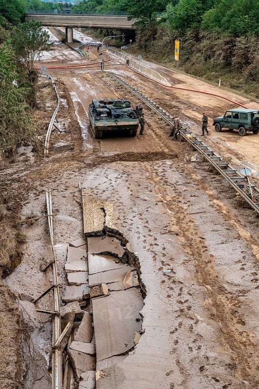 Flood on the Erft, here the federal road B265 destroyed by the water, Erftstadt, North Rhine-Westphalia, Germany, Europe