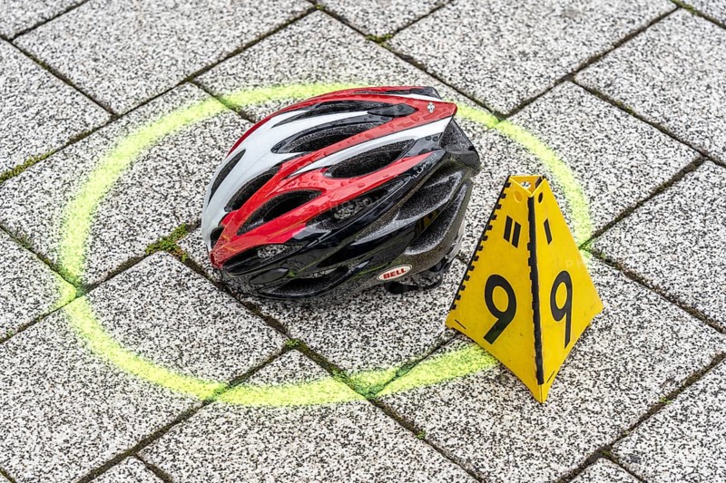 Re-enacted, fatal, accident with a car and a cyclist, at the North Rhine-Westphalia police, accident investigation by specialised accident teams, traffic accident teams, of the Cologne police, North Rhine-Westphalia, Germany, Europe