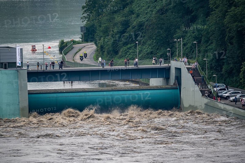 Weir of the Lake Baldeney in Essen, the masses of water roar through the open weirs, high water on the Ruhr, after long heavy rains the river came out of its bed and flooded the landscape and villages, the highest water level ever measured, North Rhine-Westphalia, Germany, Europe