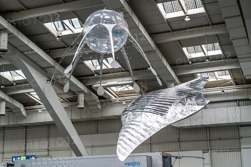 Mechanical flying objects, filled with helium, controlled by fine mechanics, movements copied from animals, birds, fish, bionics applied, to illustrate technical processes, by automation specialists Festo, at the Hannover Messe, Lower Saxony, Germany, Europe