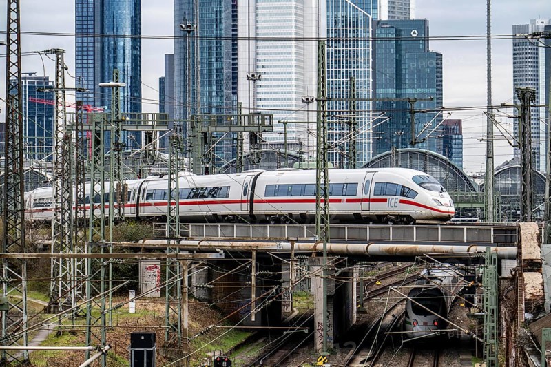 ICE train on the track in front of the main station of Frankfurt am Main, Skyline, Hesse, Germany, Europe