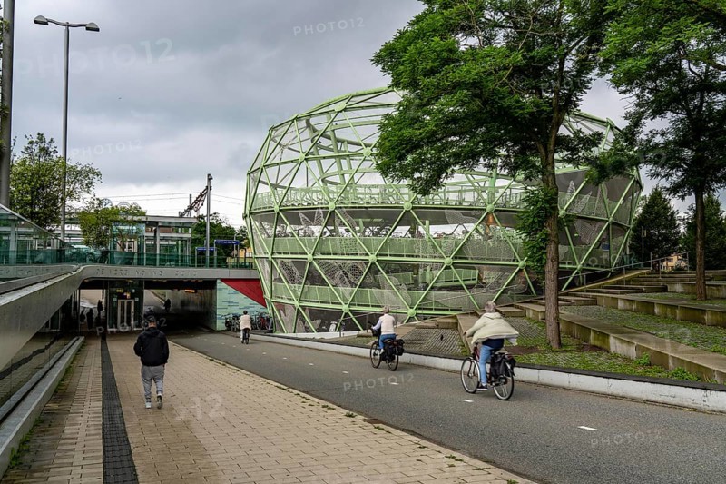 The Fiestappel, bicycle car park for over 900 bicycles, in a stylised apple shape, in Alphen aan den Rijn, directly at the railway and bus station, as well as on a central cycle path, Netherlands