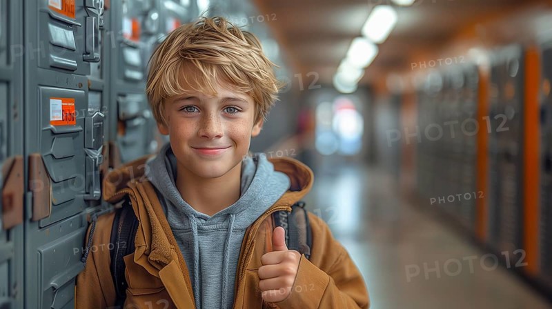Cute caucasian school boy giving a thumbs up in the hallway of his school. generative AI, AI generated