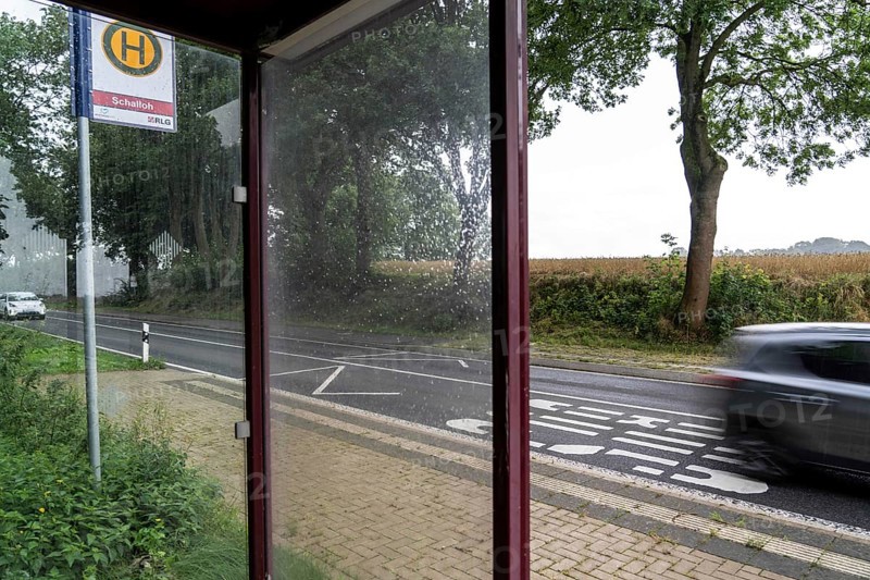 Bus shelter, bus stop Schalloh, in the countryside, Sauerland, near Soest-Bergede, country road L856, bus route 552, has 2 stops per day, Mondays to Fridays, none at weekends, North Rhine-Westphalia, Germany, Europe